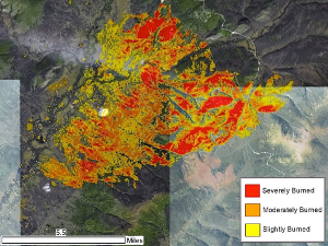 A processed Landsat image showing severely, moderately, and slightly burned areas from the Aggie Creek fire. Image credit: Amanda McPherson